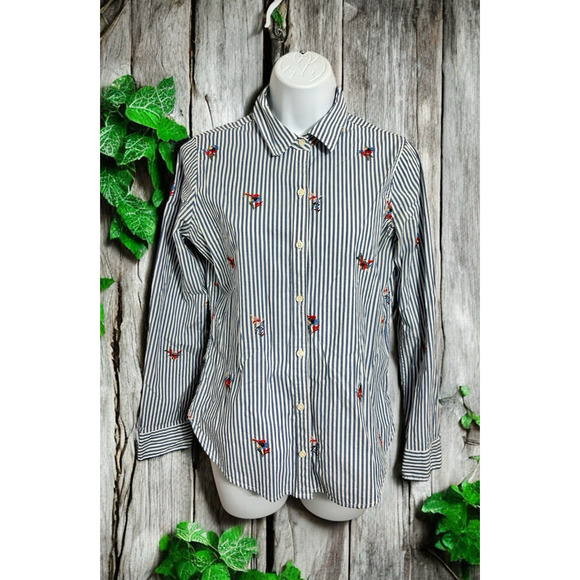 Abercrombie & Fitch Striped Button Front Shirt Sz S Embroidered Flowers Blouse - Picture 2 of 8